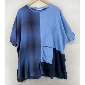 JAPANALIA Tunic Womens M/L Linen Patchwork Fringe Oversized Dolman Sleeve Blue